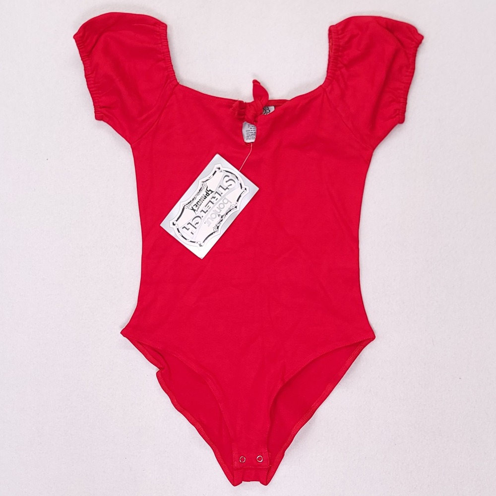 Bonjour Womens‎ Red Puff Sleeve Tie Front Square Neck Cotton Bodysuit Medium NWT